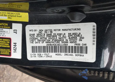 2009 Toyota Corolla S z USA, uszkodzony, nr VIN 1NXBU40E19Z111593